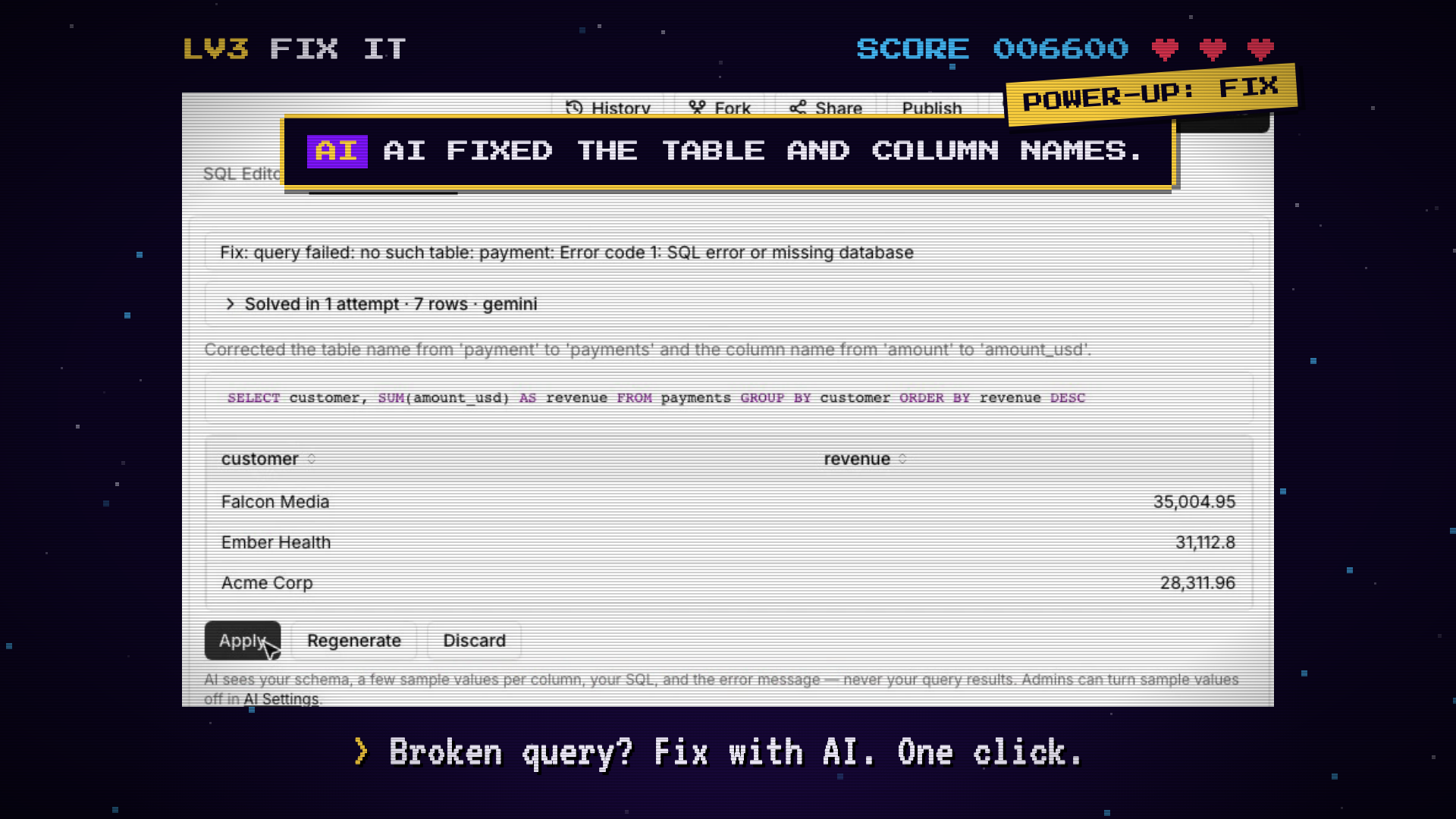 The SQL editor after Fix with AI: the original error says no such table payment, the fix corrects the table name to payments and the column to amount_usd, with Apply, Regenerate and Discard buttons