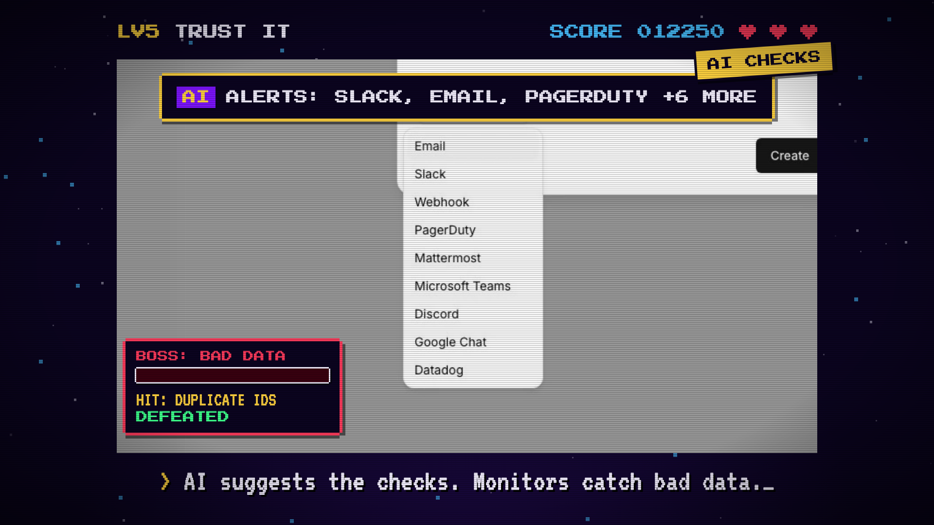 Alert destination list showing Email, Slack, Webhook, PagerDuty, Mattermost, Microsoft Teams, Discord, Google Chat and Datadog, with a bad data boss marked defeated