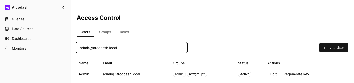 Access Control users admin screen showing the admin account row