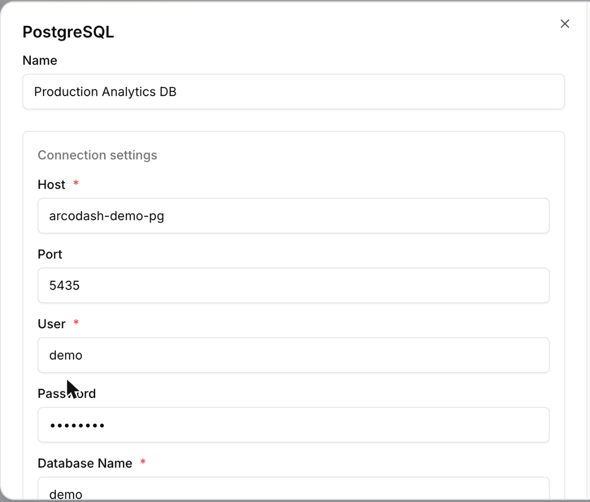 Add data source form for a Postgres connection