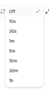 Refresh interval dropdown open, showing Off through 1h options
