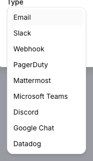 The destination type dropdown open in the New Notification Destination dialog, listing Email, Slack, Webhook, PagerDuty, Mattermost, Microsoft Teams, Discord, Google Chat, and Datadog