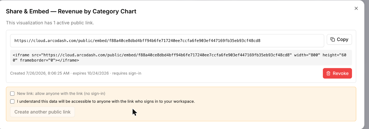 Share & Embed dialog showing the generated public link and the ready-to-paste iframe code snippet