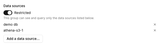 Group management dialog with Restricted toggled on and two data sources assigned