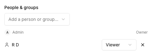 Share dialog’s People & groups section, with a person picker and a Viewer/Editor role dropdown on a granted user